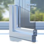 double glazing cross section with closed windows in the background
