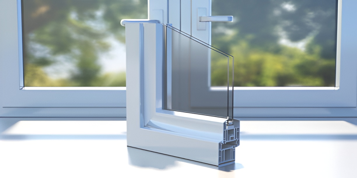 double glazing cross section with closed windows in the background